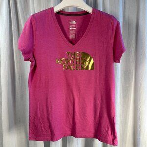 North Face Womens Short Sleeve T Shirt Large Pink Casual Top Gold Half Dome